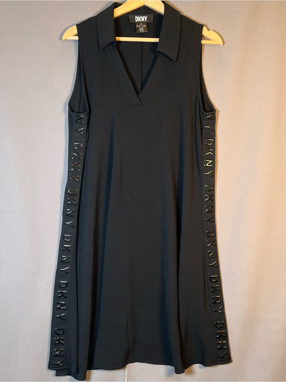DKNY Black Sleeveless V-Collar A-Line Dress with Branded Side Trim